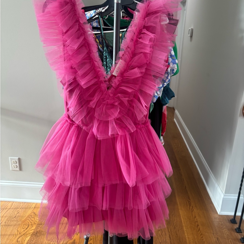 Ruffled V-Neck Mini Dress in Fuchsia Pink